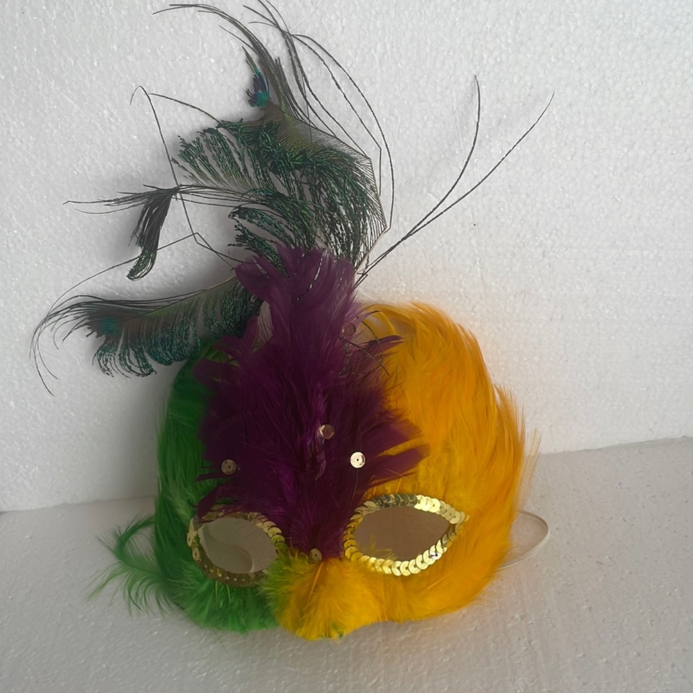 Peacock feather mask sequins purple yellow green Halloween Mardi Gras theater